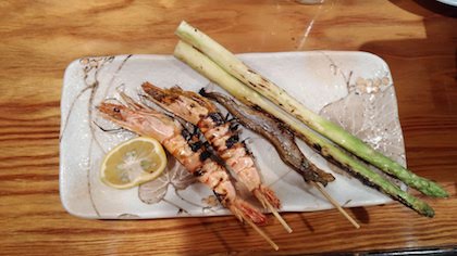 Grilled fish, prawn and asparagus