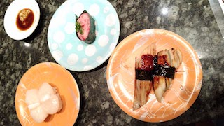 Conger eel, tuna and scallop sushi